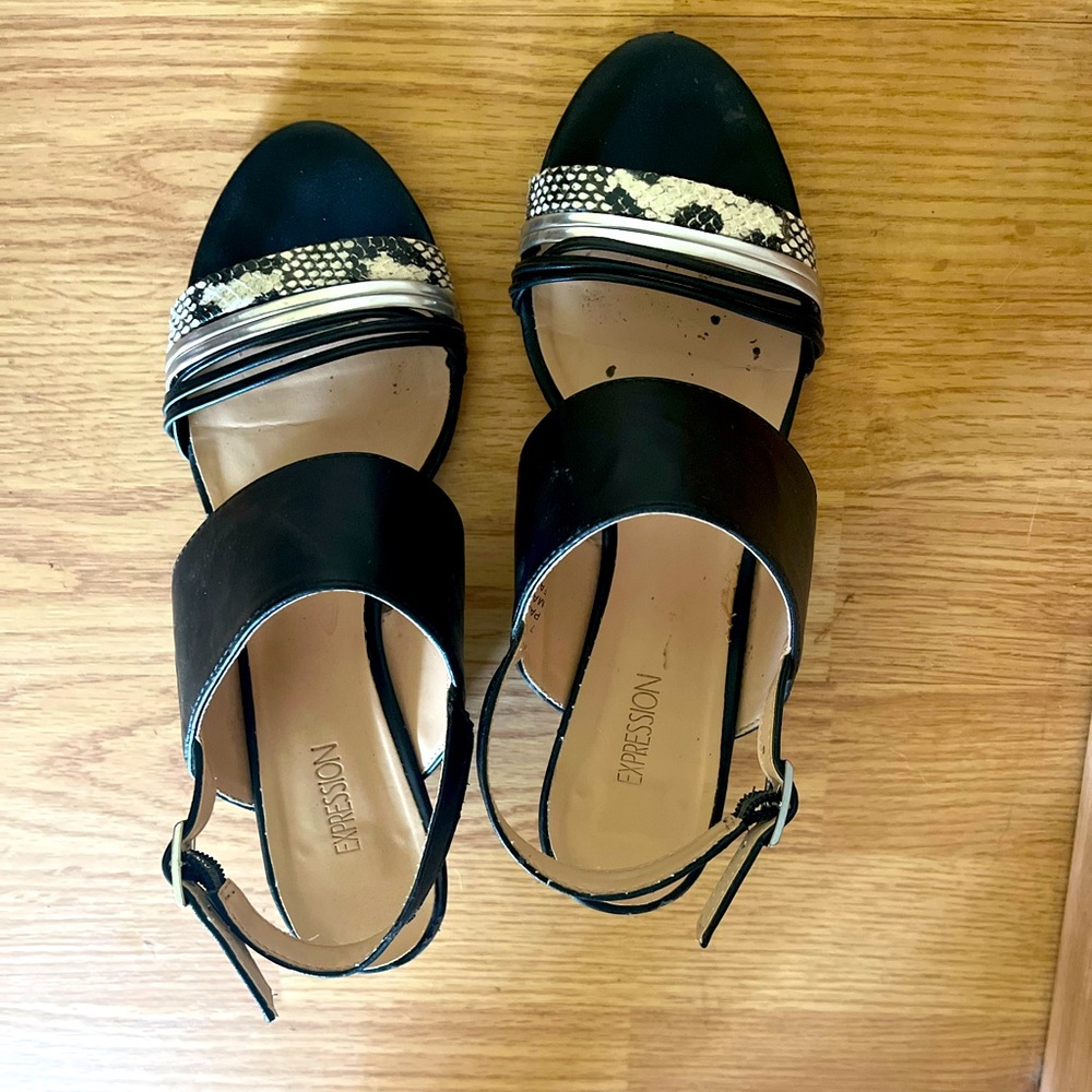 Black faux snake skin wedges